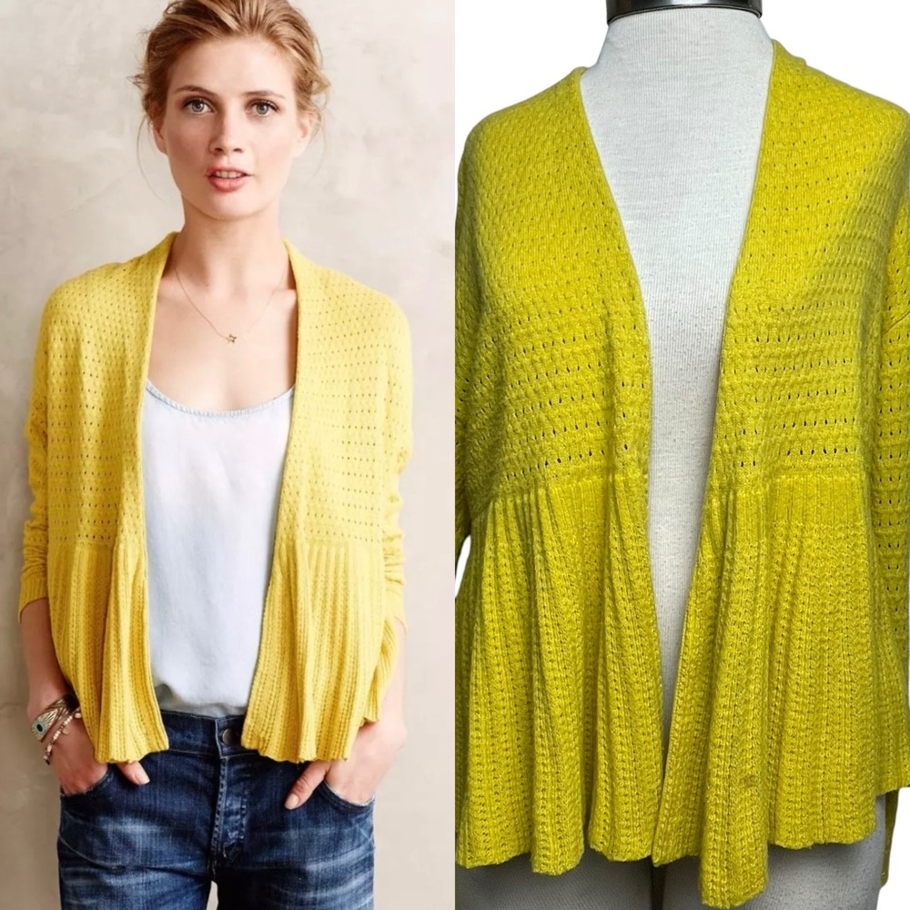 Anthropologie Moth LS Open Front Pointelle Peplum Cashmere Blend Cardigan Sz Sm